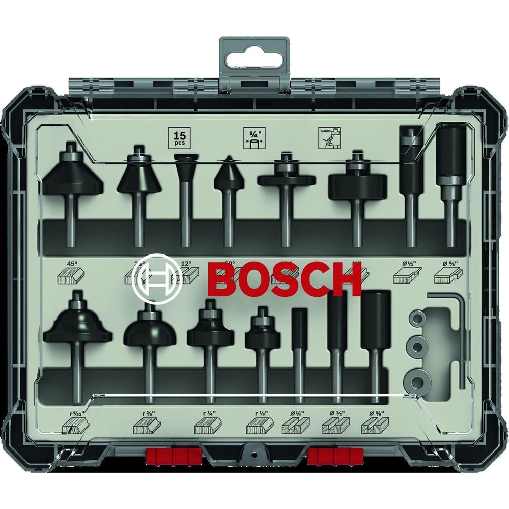 Bosch Router Bit Set 1/4" Shank (15pcs) [2607017473] | Bosch by KHM Megatools Corp.