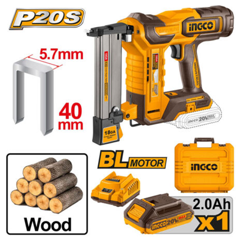 Ingco CCSNLI6008 Cordless BL Crown Stapler Nailer Kit 20V 2.0HP | Ingco by KHM Megatools Corp. Ingco CCSNLI6008 Cordless BL Crown Stapler Nailer Kit 20V 2.0HP | Ingco by KHM Megatools Corp.