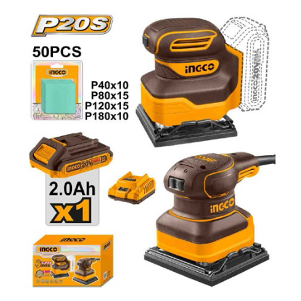 Ingco COSLI240582 Cordless & Corded Palm Sander Combo Kit 20V 2.0AH | Ingco by KHM Megatools Corp. Ingco COSLI240582 Cordless & Corded Palm Sander Combo Kit 20V 2.0AH | Ingco by KHM Megatools Corp.