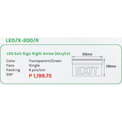 Omni LED X-200 R Exit Sign Right Arrow (Acrylic) - KHM Megatools Corp.