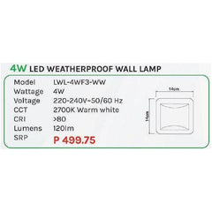Omni 4W LED Weatherproof Wall Lamp Light (LWL-4WF3-WW) - KHM Megatools Corp.