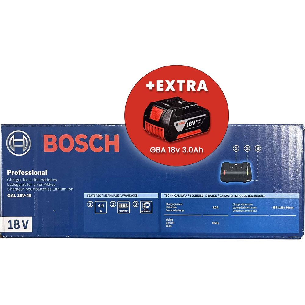 Bosch GAL 18V-40 Quick Charger 18v +Extra 3.0ah Battery | Bosch by KHM Megatools Corp. Bosch GAL 18V-40 Quick Charger 18v +Extra 3.0ah Battery | Bosch by KHM Megatools Corp.