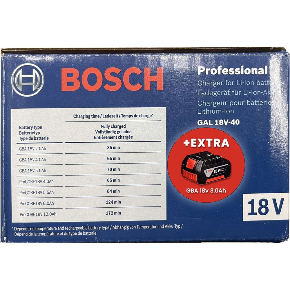 Bosch GAL 18V-40 Quick Charger 18v +Extra 3.0ah Battery | Bosch by KHM Megatools Corp. Bosch GAL 18V-40 Quick Charger 18v +Extra 3.0ah Battery | Bosch by KHM Megatools Corp.