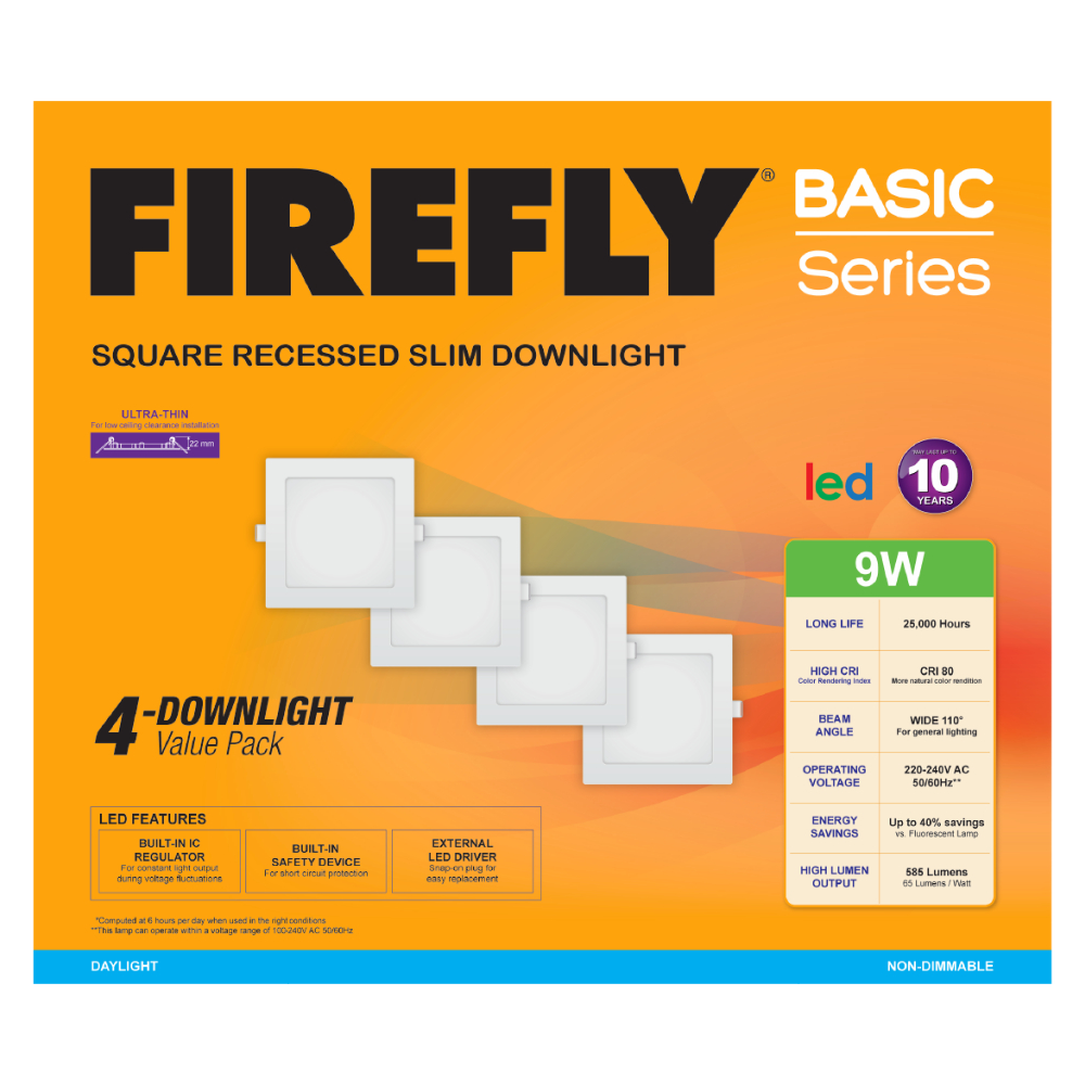 Firefly V40EDL1126 LED Downlight 4pcs. Value Pack Recessed Slim Ultra Thin (Square) | Firefly by KHM Megatools Corp.