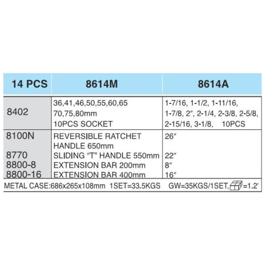 Hans 8614 1" Drive 14pcs Socket Wrench Set | Hans by KHM Megatools Corp.