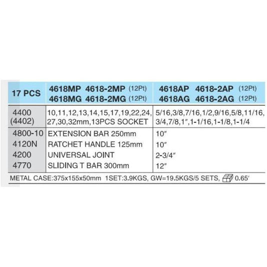 Hans 4618 1/2" Drive 17pcs Socket Wrench Set | Hans by KHM Megatools Corp.