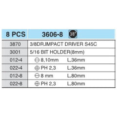 Hans 3606-8 Impact Driver Set 3/8" Drive | Hans by KHM Megatools Corp.