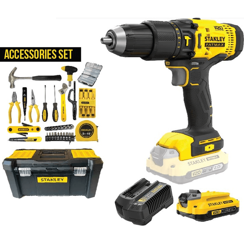 Stanley SCD711C1H 20V Cordless Hammer Drill 13mm + 100pcs Set - KHM Megatools Corp. Stanley SCD711C1H 20V Cordless Hammer Drill 13mm + 100pcs Set - KHM Megatools Corp.
