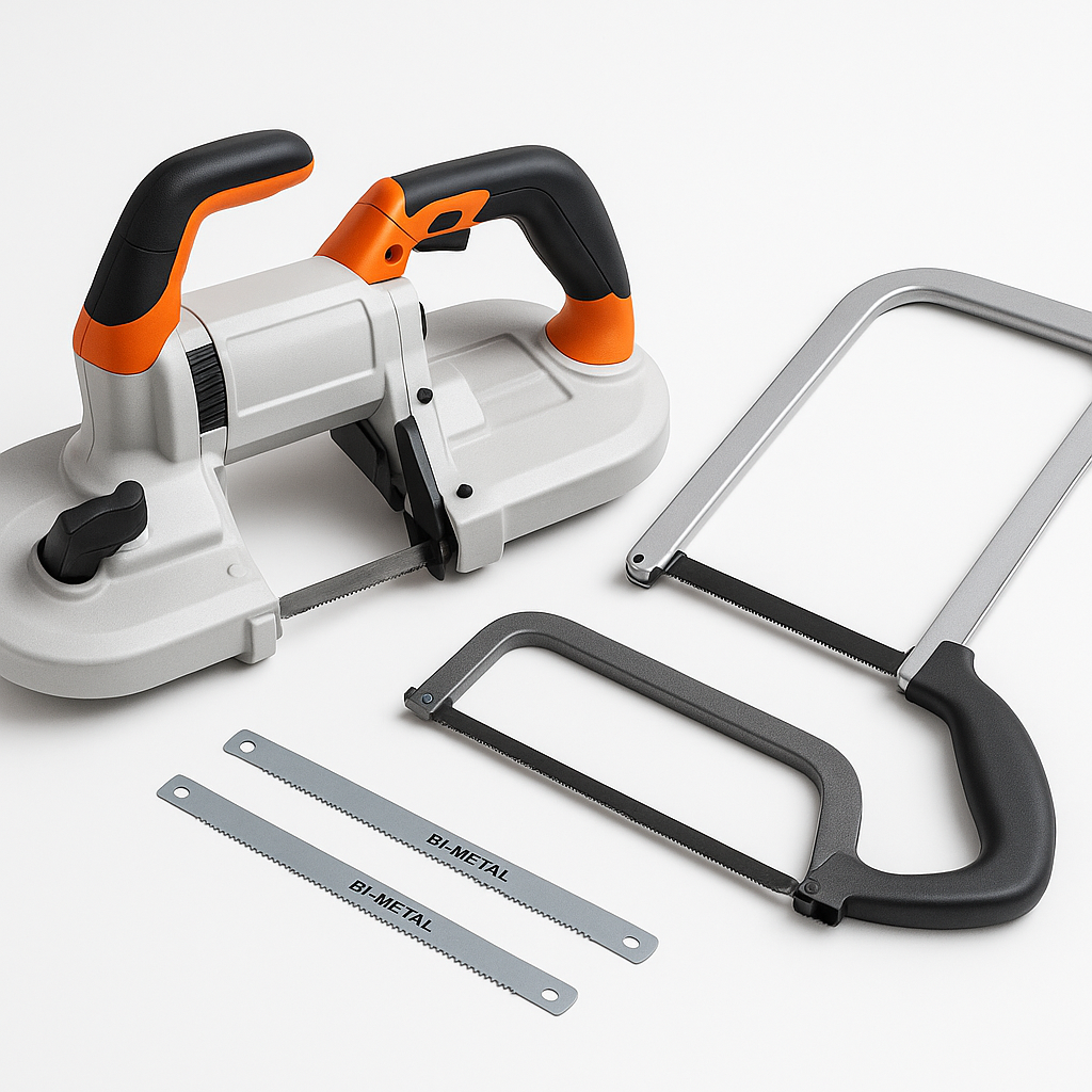 Band saw and hacksaw tools on clean white background – cutting tool collection banner for KHM Megatools.