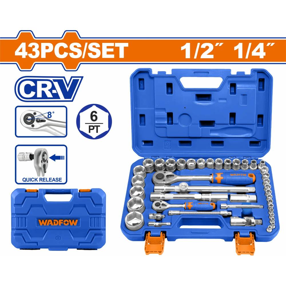 Wadfow WST3D43 43 PCS 1/4" 1/2" Socket Set | Wadfow by KHM Megatools Corp. Main image