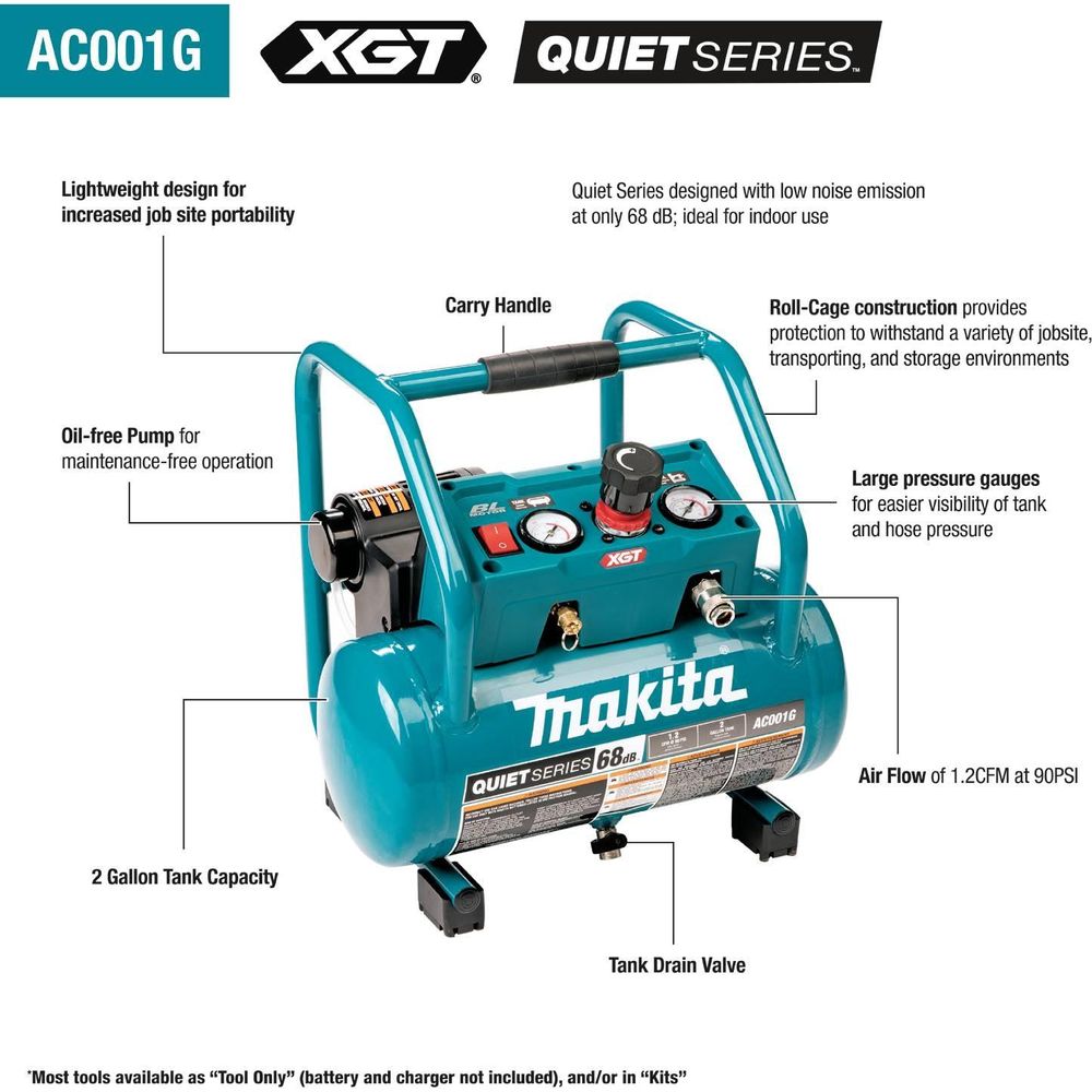 Makita AC001GZ 40V Cordless Air Compressor 135psi (Noise less) XGT [Bare]