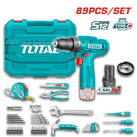 Total THKTHP10892 89 Pcs Tool Set with Cordless Drill 12V