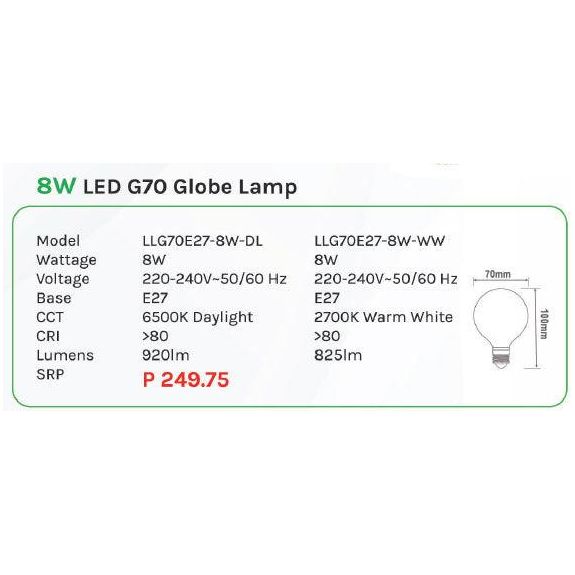 Omni 8W LED G70 Globe Lamp Light