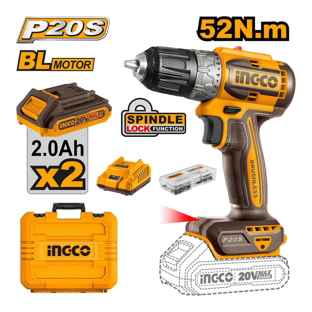 Ingco CDLI20453 Brushless Cordless Li-Ion Drill 20V 2.0AH