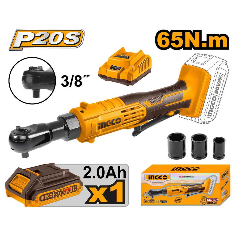 Ingco CDRLI2060152 Cordless Li-Ion BL 3/8" Drive Rachet Wrench 20V 2.0AH | Ingco by KHM Megatools Corp.