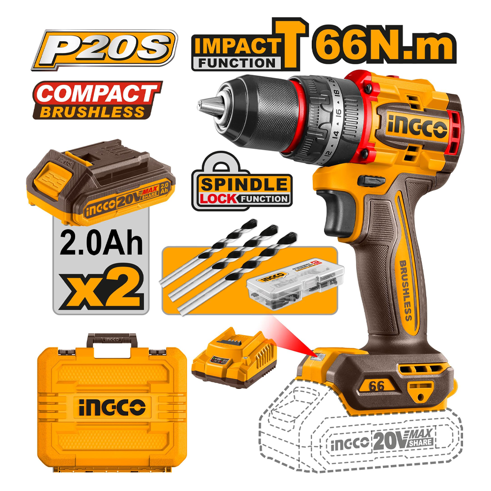 Ingco CIDLI206681 Cordless Li-Ion BL Impact Drill 20V (Bare) Secondary image