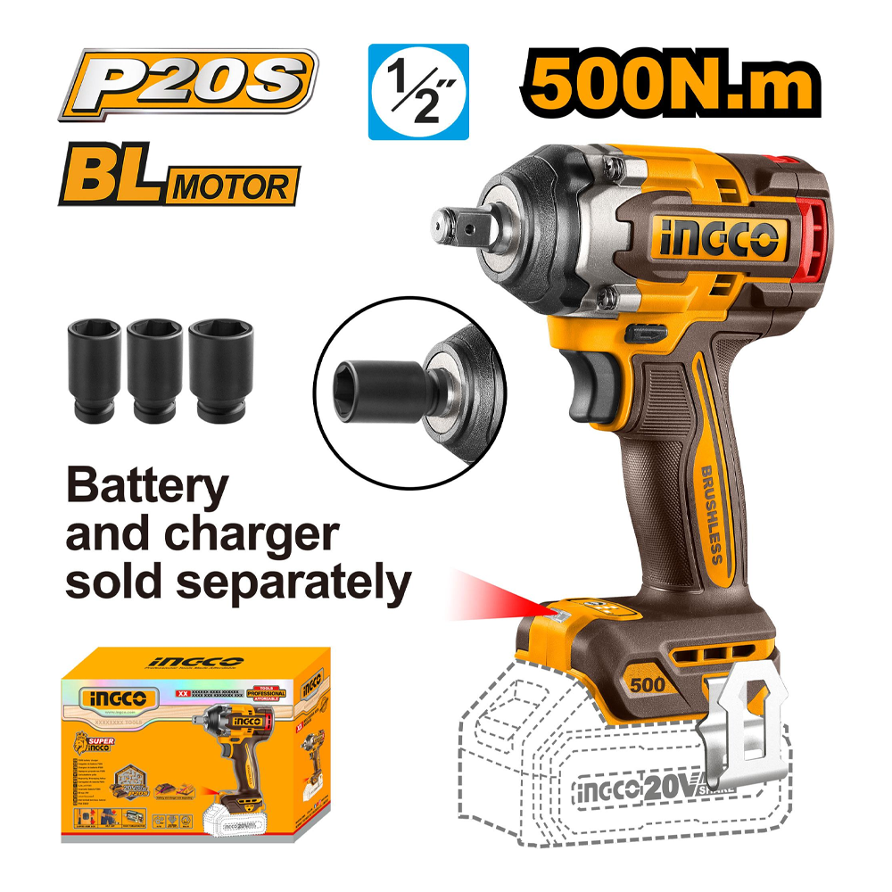 Ingco CIWLI20501  Cordless Li-Ion BL Impact Wrench 1/2" DR. 20V (Bare) | Ingco by KHM Megatools Corp.