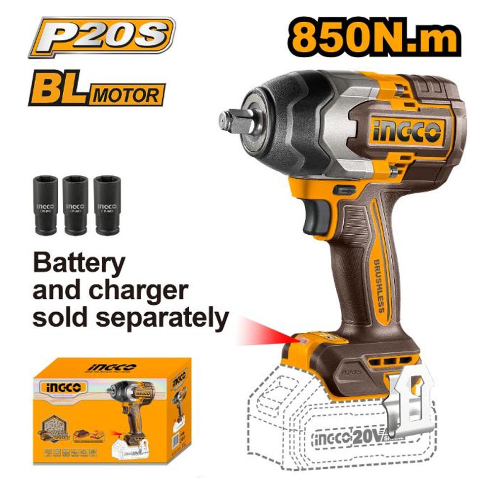 Ingco CIWLI20851 Cordless Li-Ion BL Impact Wrench 1/2" DR. 20V (Bare) | Ingco by KHM Megatools Corp.