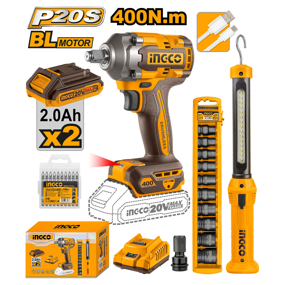 Ingco COSLI23048 Cordless Impact Wrench Combo Kit 3Pcs 20V 2.0AH | Ingco by KHM Megatools Corp.