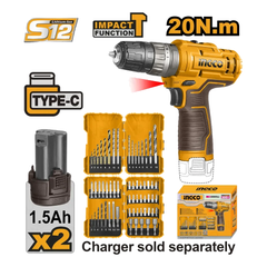 Ingco COSLI23114 Cordless Li-Ion Impact Drill Set 61Pcs 12V 1.5AH