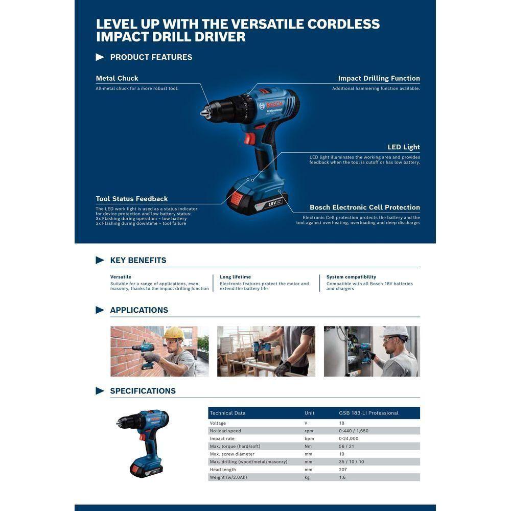 Bosch GSB 183 Cordless Impact Hammer Drill / Driver 3/8" (10mm) 18V Kit [Contractor's Choice] Secondary image