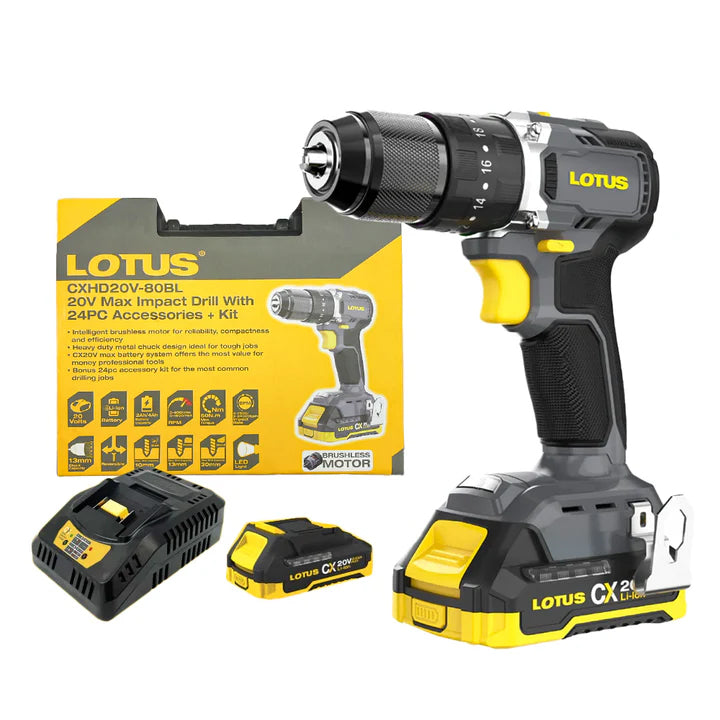 Lotus CXHD20V-80BL/2 Cordless Impact Drill w/ 24pcs Accessories Kit 20V