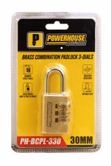 Powerhouse PH-BCPL-330 Brass Combination Padlock 3-Dials (30mm)