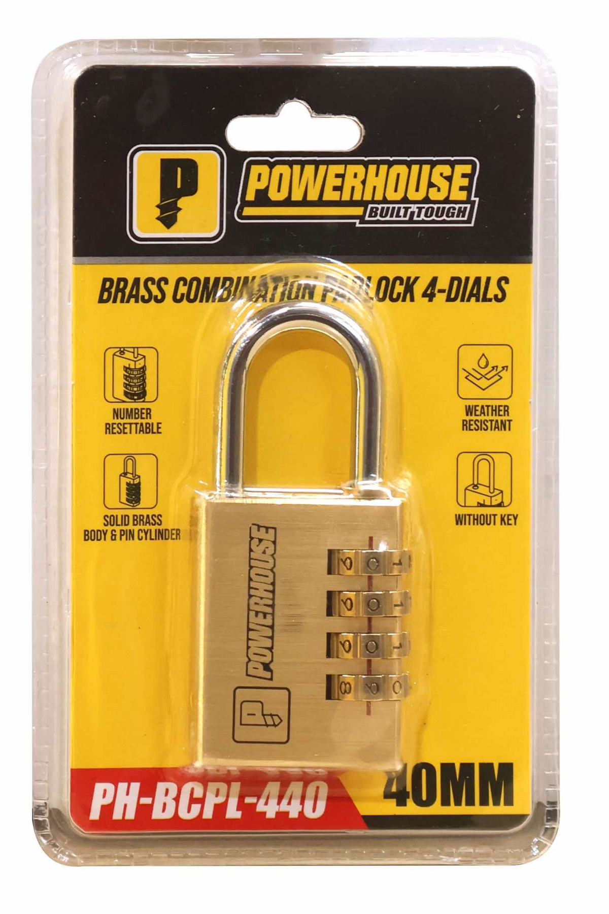 Powerhouse PH-BCPL-440 Brass Combination Padlock 4-Dials (40mm)