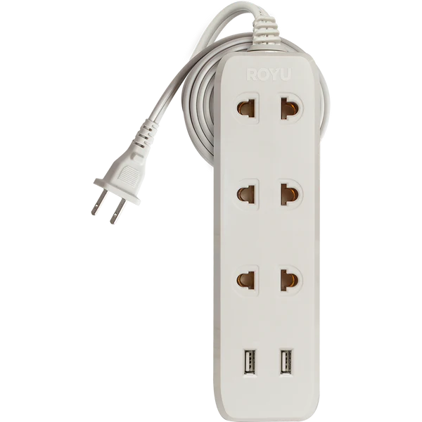 Royu REDEC123/W 3-Gang Universal Extension Cord with 2 USB Ports