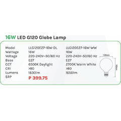 Omni 16W LED G120 Globe Lamp Light - KHM Megatools Corp.