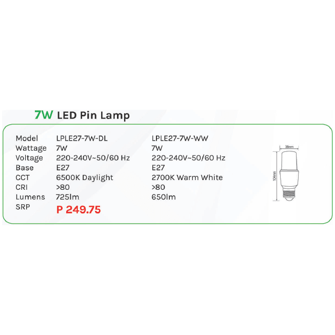 Omni 7W LED Pin Lamp Light E27 - KHM Megatools Corp.