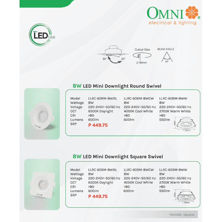 Omni LED Mini Recessed Movable Downlight Round Swivel (8W) – KHM ...