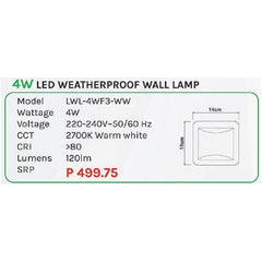 Omni 4W LED Weatherproof Wall Lamp Light (LWL-4WF3-WW) - KHM Megatools Corp.
