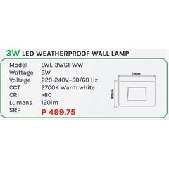 Omni 3W LED Weatherproof Wall Lamp Light (LWL-3WS1-WW) - KHM Megatools Corp.