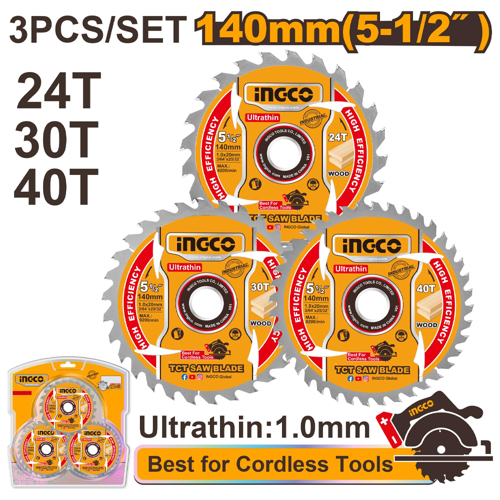 Ingco TSB4003 TCT Circular Saw Blade for Wood Set 5-1/2" 3Pcs (Ultra-Thin)