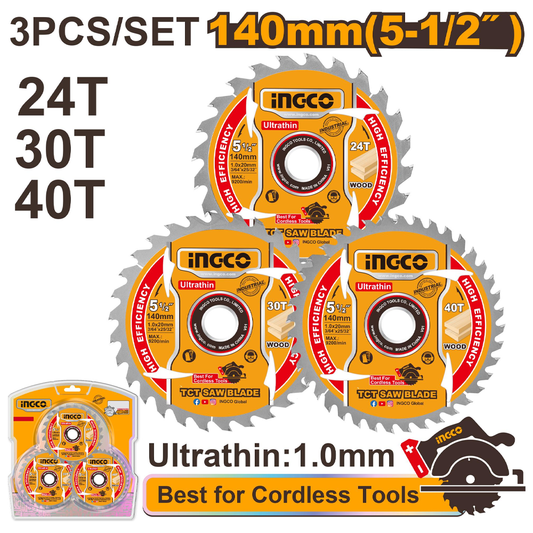 Ingco TSB4003 TCT Circular Saw Blade for Wood Set 5-1/2" 3Pcs (Ultra-Thin) | Ingco by KHM Megatools Corp.