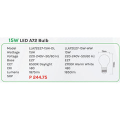 Omni 15W LED A72 Light Bulb E27 - KHM Megatools Corp.
