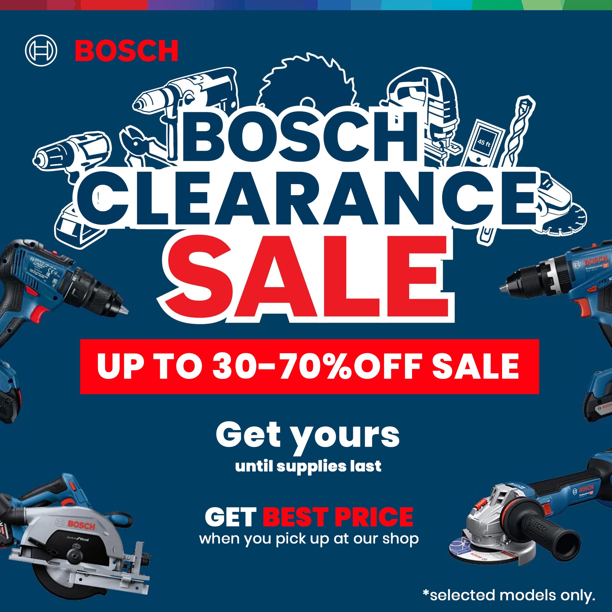 Bosch clearance sale advertisement with various tools on a blue background