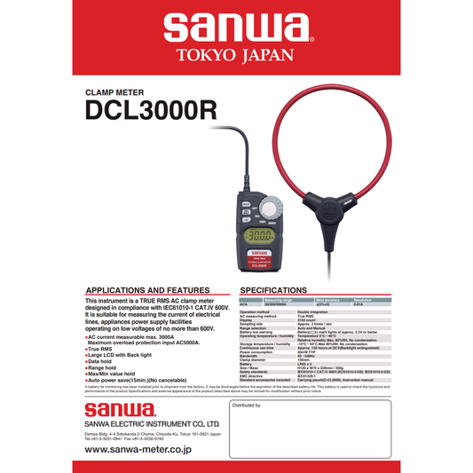 Sanwa DCL3000R Digital Clamp Meter with Flexible Conductor (AC+True RMS) | Sanwa by KHM Megatools Corp.