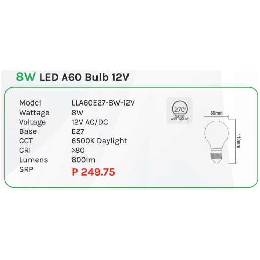 Omni 8W LED A60 Light Bulb 12V - KHM Megatools Corp.