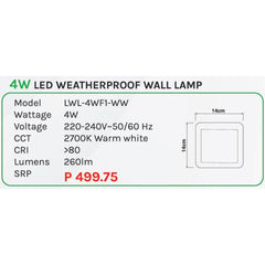 Omni 4W LED Weatherproof Wall Lamp Light (LWL-4WF1-WW) - KHM Megatools Corp.