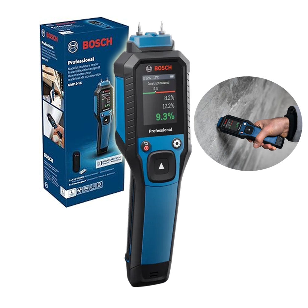 Bosch professional detector with packaging and close-up of use on white background