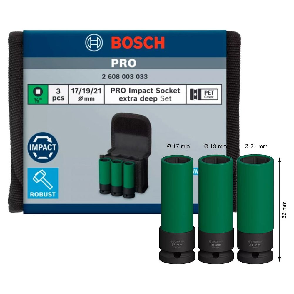 Bosch PRO Impact Socket Extra Deep Socket Wrench Set 3pcs (17,19,21mm)