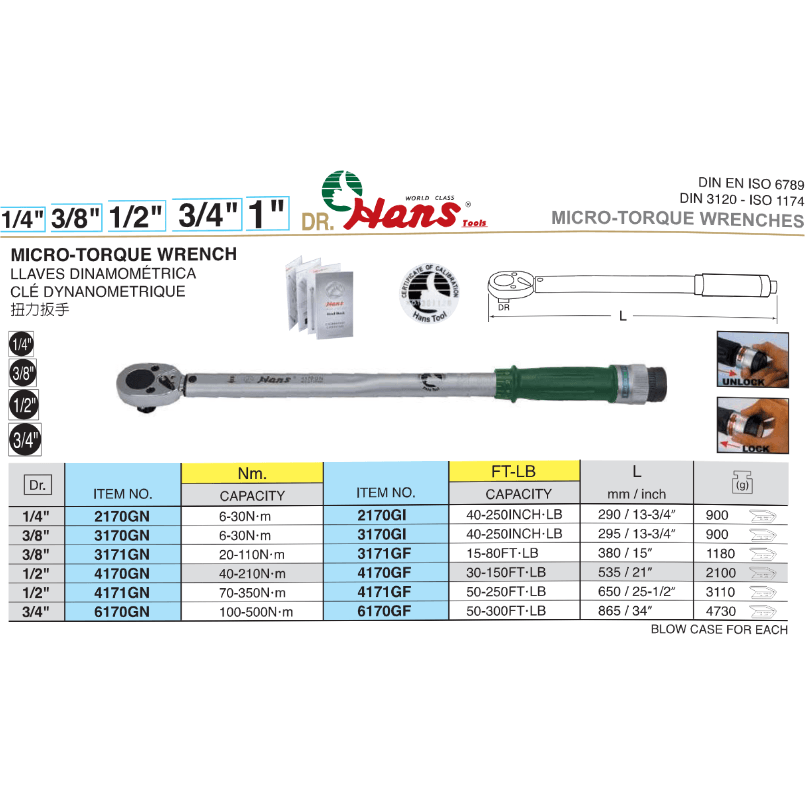 Hans 3170GI Micro Click Torque Wrench 3/8" Drive x 40-250 in.lb. / 14" - KHM Megatools Corp.
