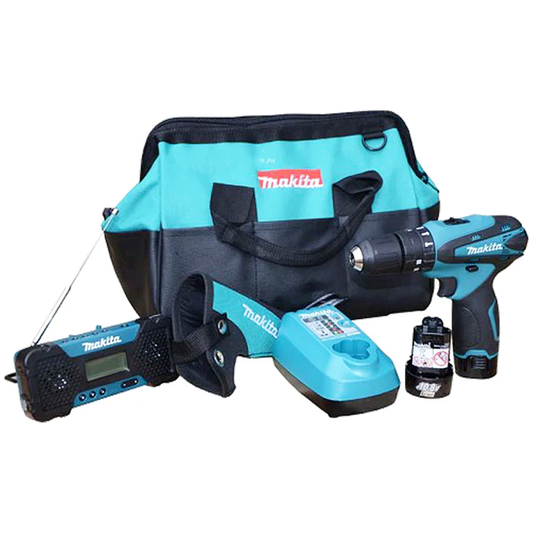 Makita DK1202 COMBO KIT HP330DZ / MR051 – AM-FM Radio / Cordless Hammer Driver Drill 10MM 10.8V Li-ion 973