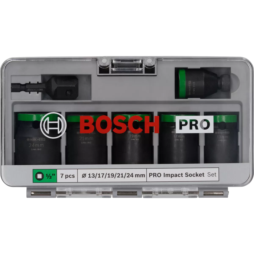 Bosch PRO Impact Socket Wrench 1/2" Drive Standard 7Pcs with 1/4" Adapter (2608003032) | Bosch by KHM Megatools Corp.