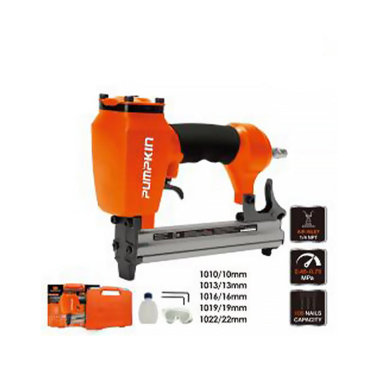 Orange nail gun with accessories on a white background, featuring the Pumpkin brand.