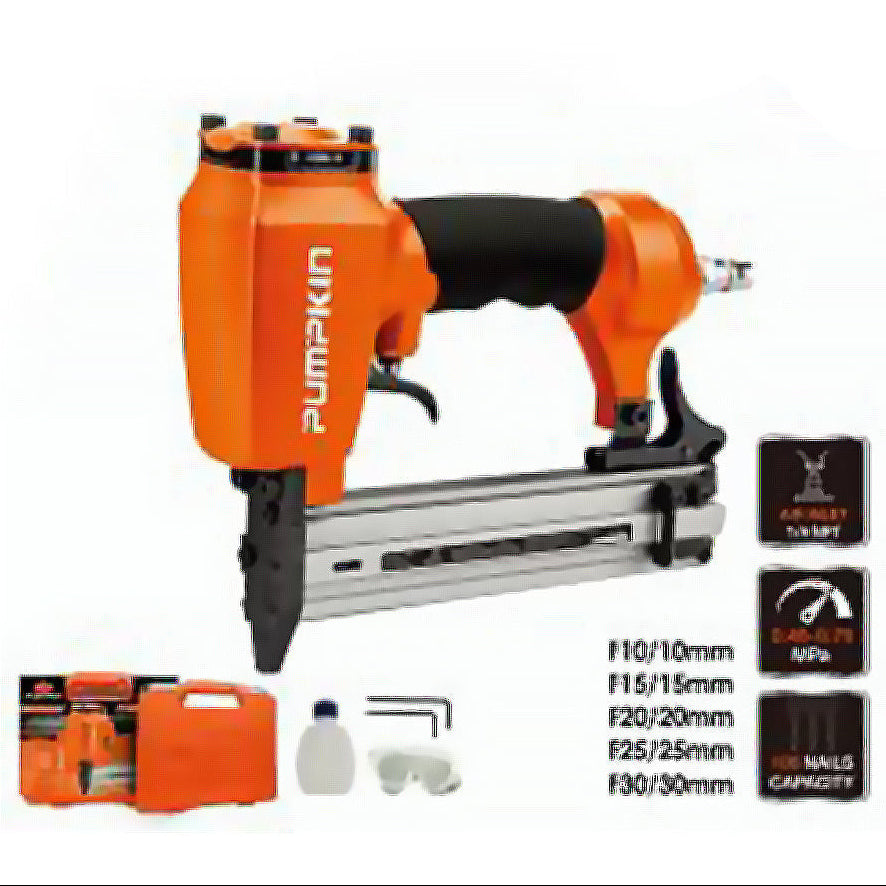 Orange and black nail gun with accessories on a white background, featuring the Pumpkin brand.