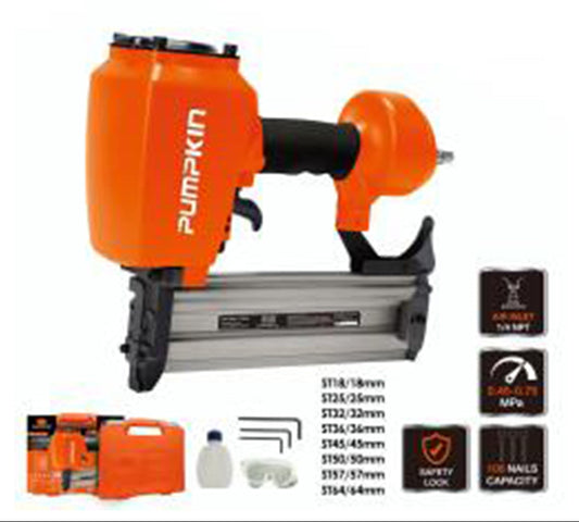 Orange nail gun with accessories on a white background, featuring the Pumpkin brand.