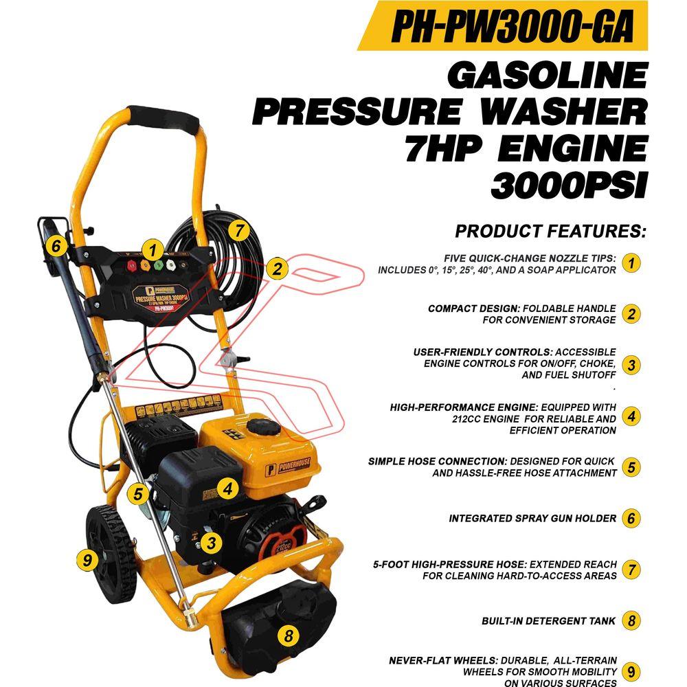 Powerhouse PH-PW3000-GA Gasoline Engine Pressure Washer 7HP 3000psi ...